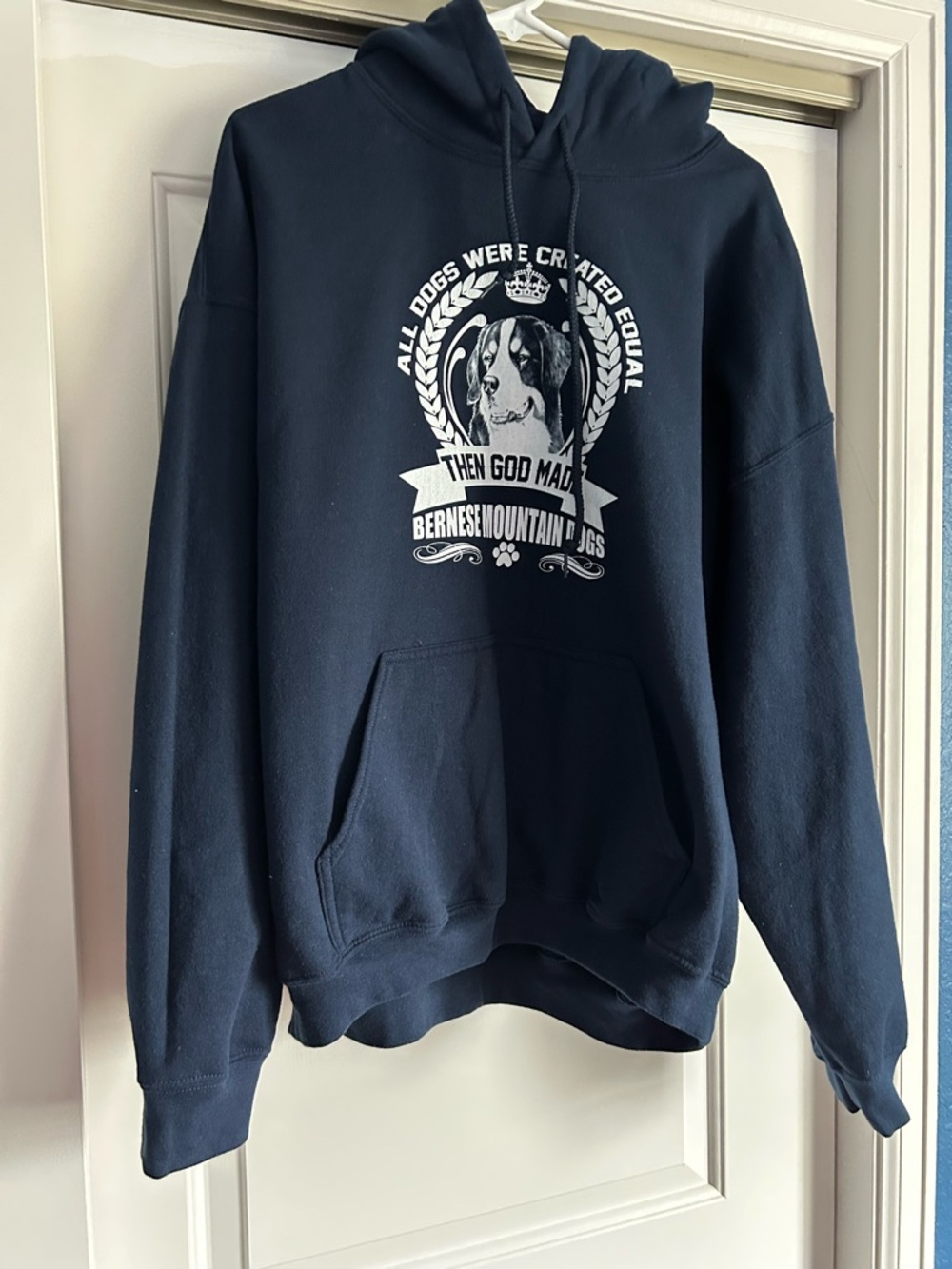 Gildan Navy Pullover Hoodie with White Bernese Mountain Dog Graphic